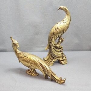 VTG Syroco Gold Gilt Pheasant Peacock Bird Figurine Set Statue Hollywood Regency
